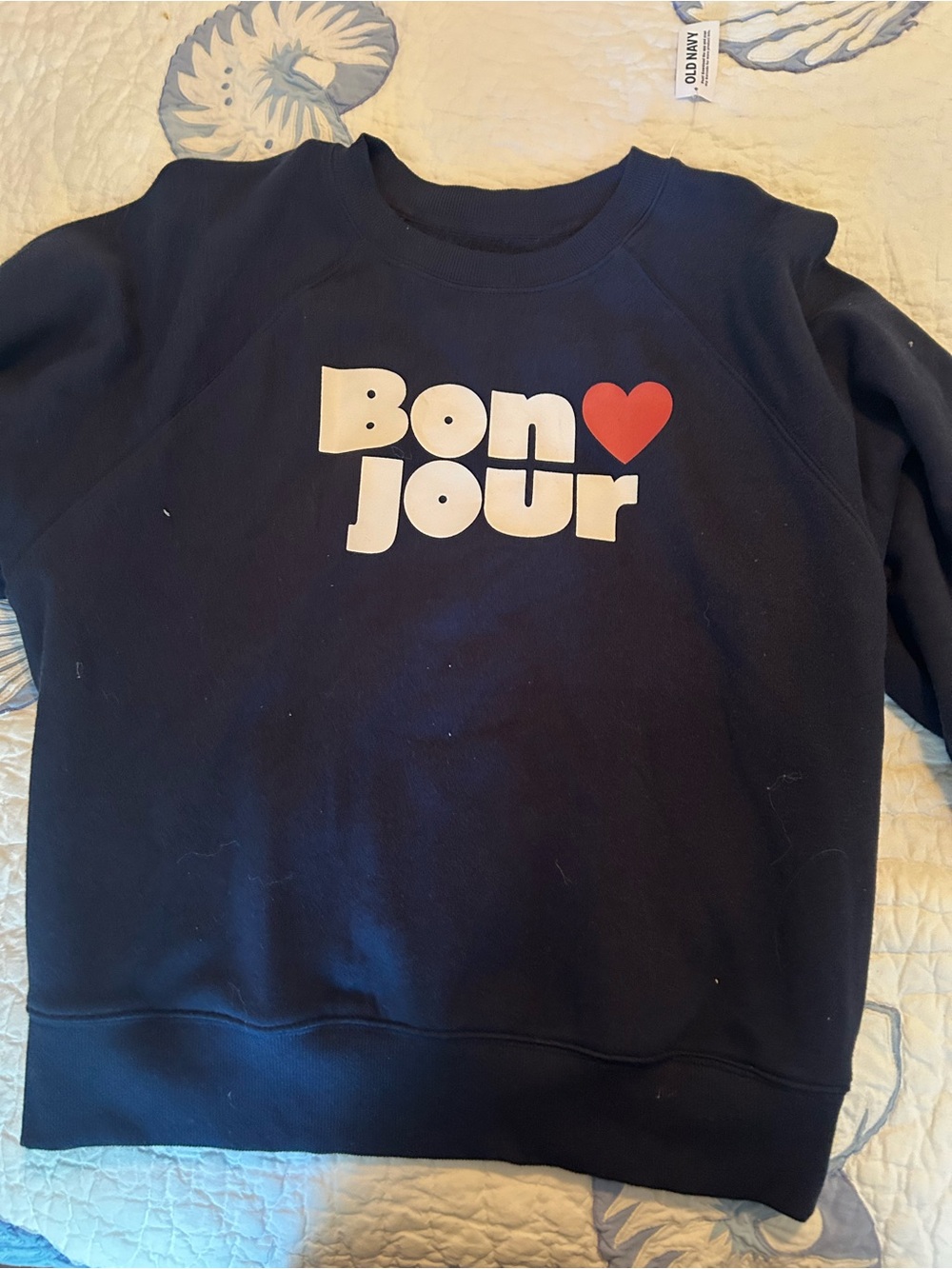 Old Navy Navy 'Bonjour' Graphic Sweatshirt with Red Heart
